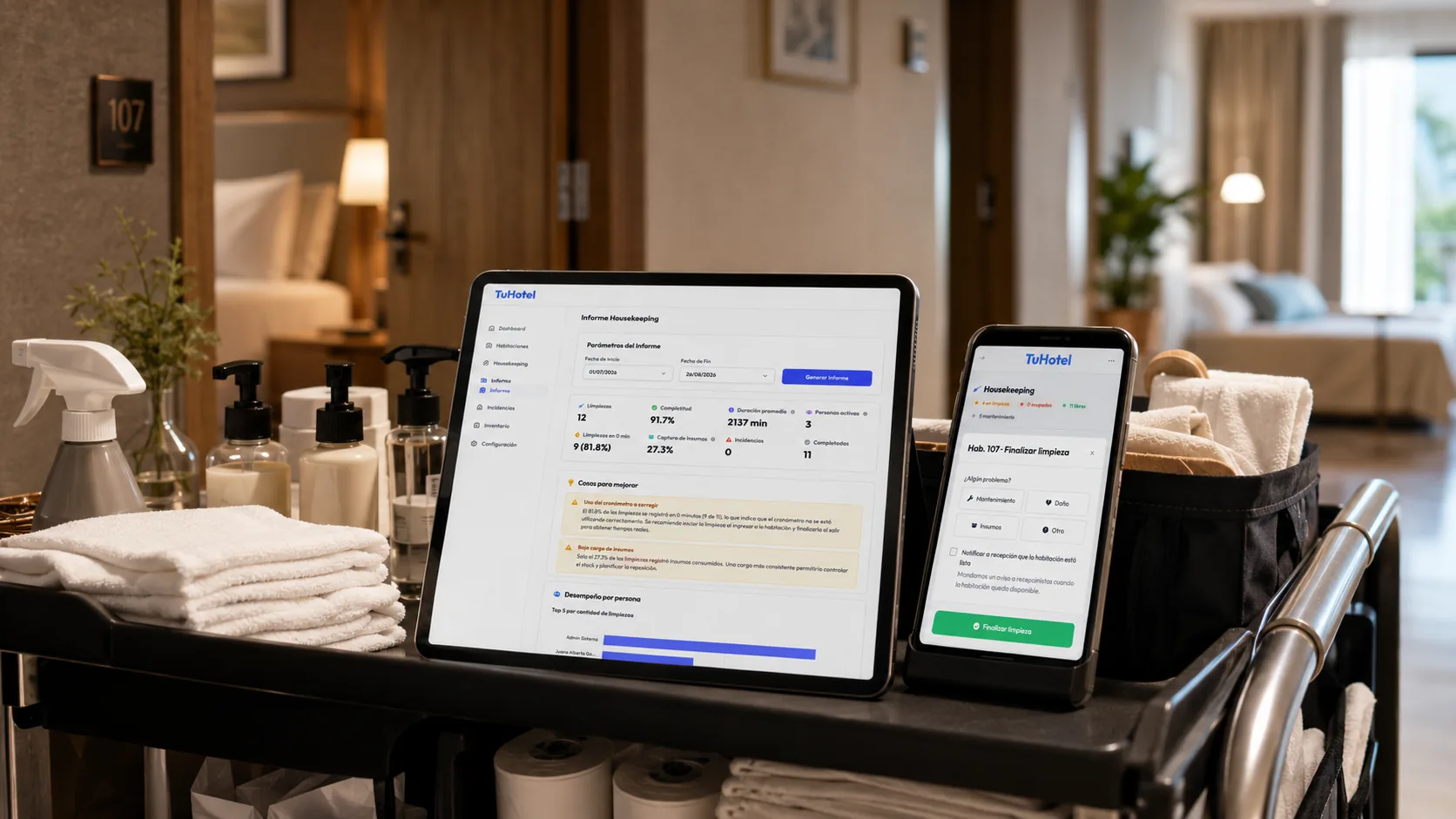 Panel de housekeeping de TuHotel con el plan de limpieza del día